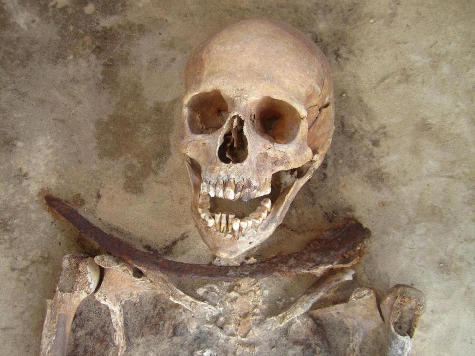 A skeleton is seen with a sickle around its neck