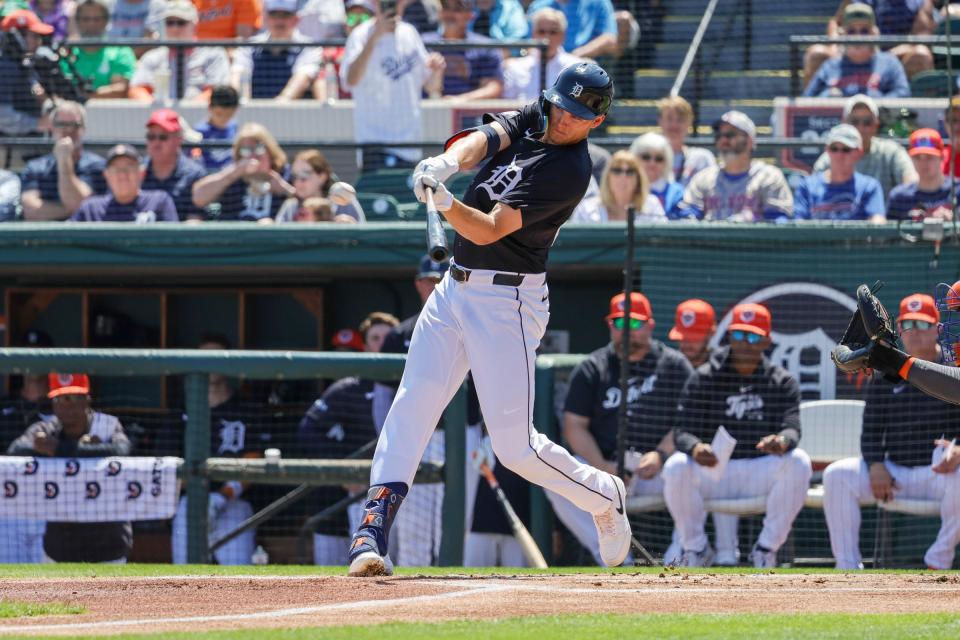 Detroit Tigers center fielder Parker Meadows (22) hits a home run during the first inning against the New York Mets at Publix Field at Joker Marchant Stadium. Mandatory Credit: Mike Watters-USA TODAY Sports