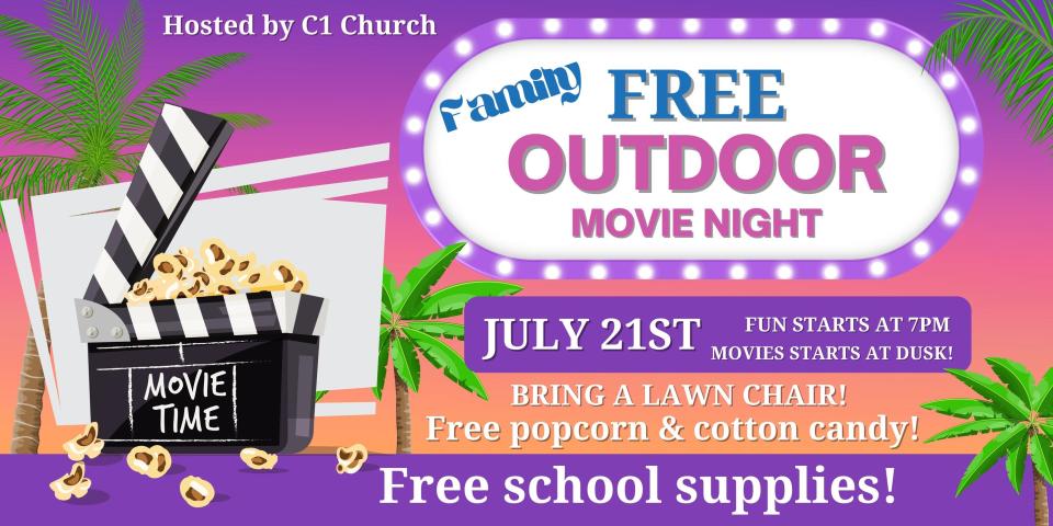 C1 Church will host a free outdoor movie night starting at 7 p.m. Friday, which will include free popcorn, cotton candy and school supplies while supplies last.