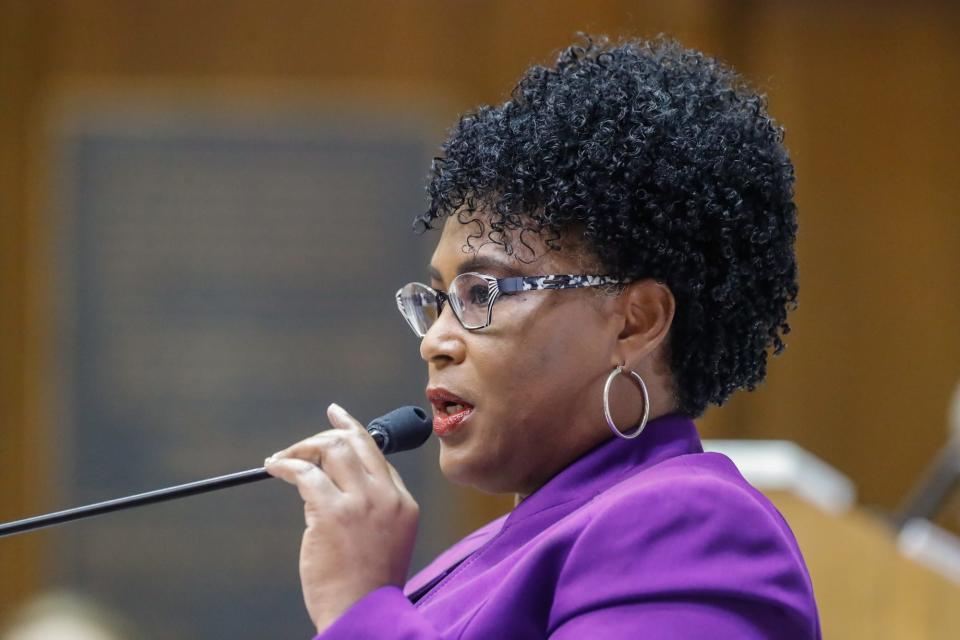 State Rep. Cherrish Pryor, D-Indianapolis, speaks during a vote by the Indiana House representatives on the redistricting maps  Thursday, Sept. 23, 2021, at the Indiana Statehouse in Indianapolis.