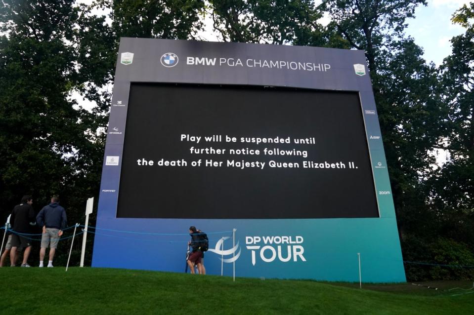 A screen displays a message that play in the BMW PGA Championship has been suspended following the death of Queen Elizabeth II (Adam Davy/PA) (PA Wire)