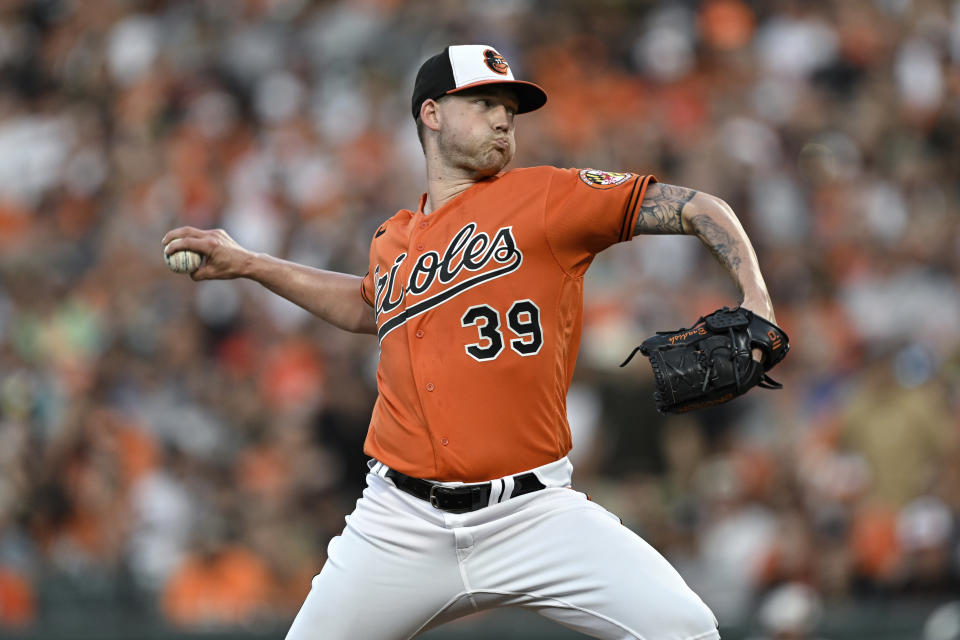 Baltimore Orioles starting pitcher Kyle Bradish throws during the first inning of the team's baseball game against the Colorado Rockies, Saturday, Aug. 26, 2023, in Baltimore. (AP Photo/Terrance Williams)