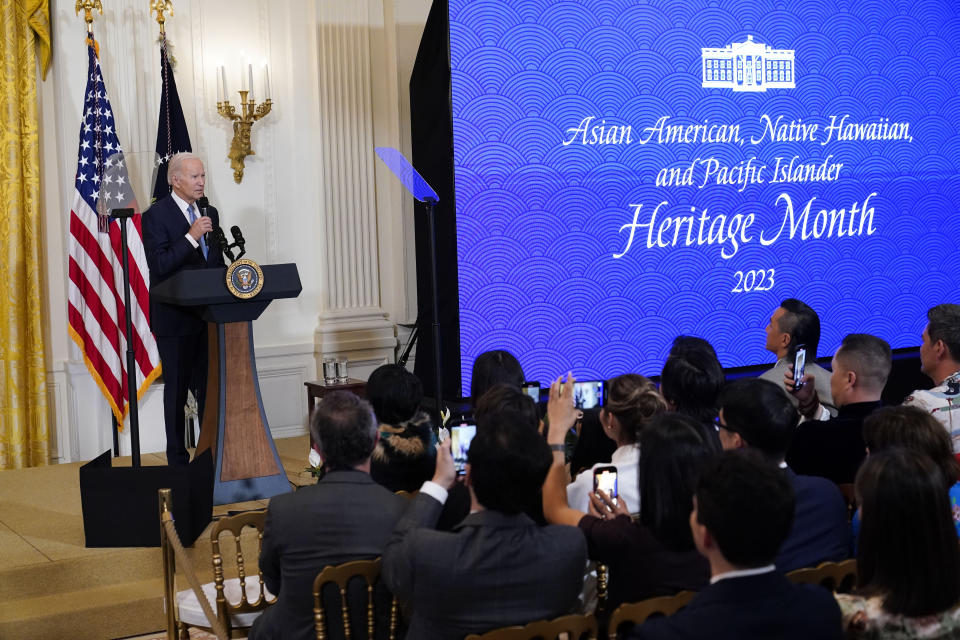 President Joe Biden speaks before a screening of the series "American Born Chinese" in the East Room of the White House in Washington, in celebration of Asian American, Native Hawaiian, and Pacific Islander Heritage Month, Monday, May 8, 2023. (AP Photo/Susan Walsh)