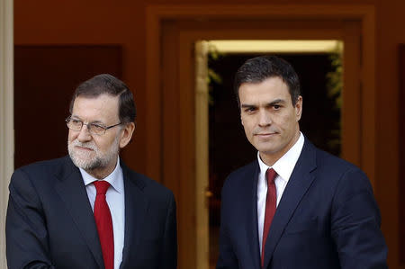 Spain's acting Prime Minister Mariano Rajoy (L) and Socialist leader Pedro Sanchez look on in different directions as they shake hands before their meeting at Moncloa Palace in Madrid, Spain, December 23, 2015. REUTERS/Sergio Perez
