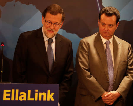 Spain's Prime Minister Mariano Rajoy and Brazil's Ministry of Science, Technology, Innovation and Communications Gilberto Kassab are seen during the ceremony for the EllaLink undersea telecommunications cable between Brazil and Spain in Sao Paulo, Brazil, April 24, 2017. REUTERS/Nacho Doce