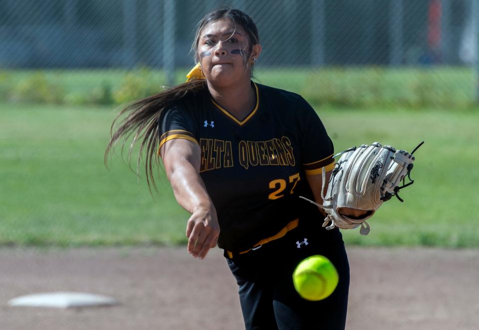 Stagg's Aerie Garcia delivers a pitch during a varsity softball game at Bear Creek High in Stockton on May, 1, 2024.