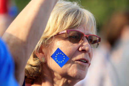 A woman attends a demonstration against Hungary's Prime Minister Viktor Orban in Budapest, Hungary, September 16, 2018. REUTERS/Bernadett Szabo