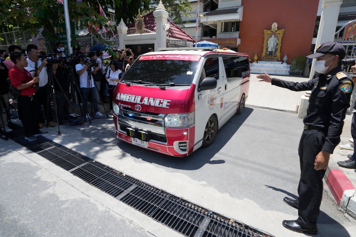 File An ambulance car carrying student leaves a high school for a hospital in Bangkok, Thailand (Copyright 2023 The Associated Press. All rights reserved.)