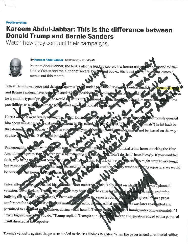 The handwritten note Donald Trump sent to Kareem Abdul-Jabbar. (Image courtesy the recipient)