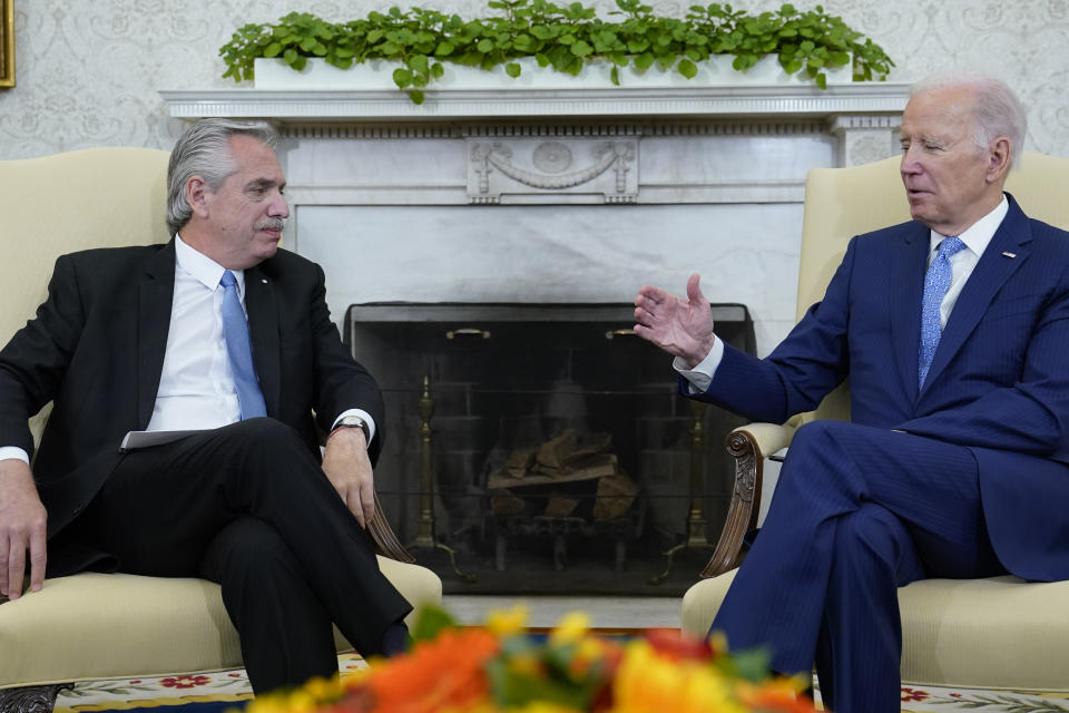 President Joe Biden meets with Argentina's President Alberto Fernandez in the Oval Office of the White House in Washington, Wednesday, March 29, 2023. (AP Photo/Susan Walsh)