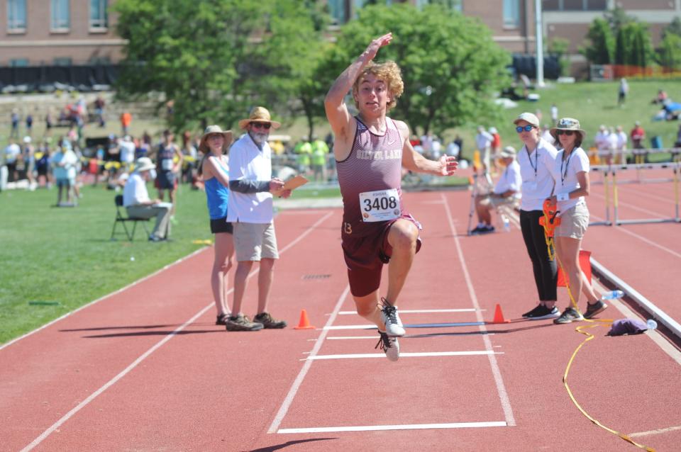 Silver Lake's Brogan Renfro attempts a mark in the triple jump during the Class 3A state track and field championships Friday at Cessna Stadium in Wichita.