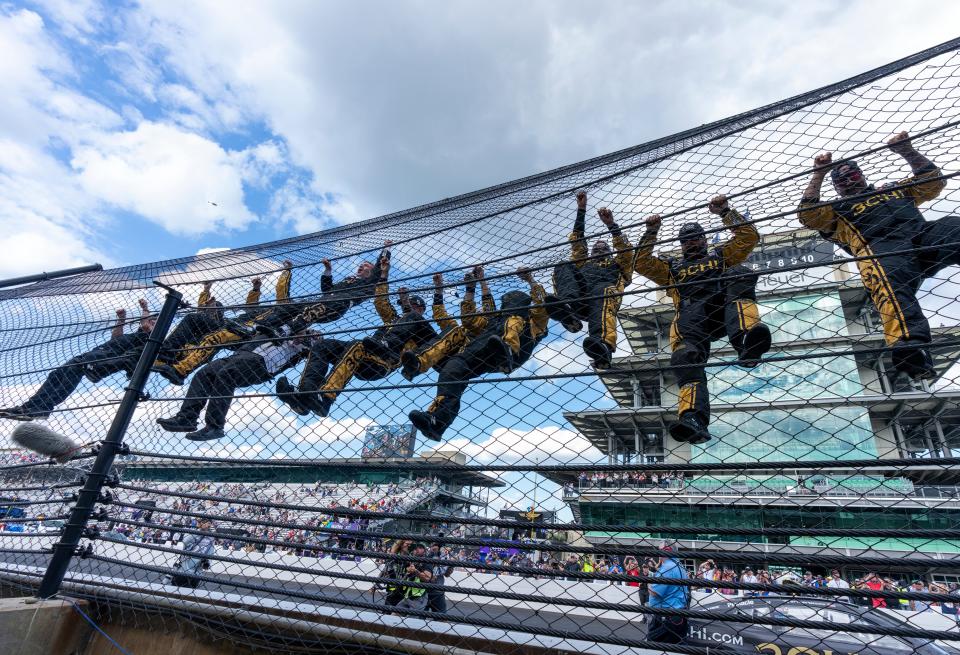 NASCAR Cup Series driver Tyler Reddick (8) (at top left), and teammates after winning the Verizon 200 at the Brickyard, Indianapolis Motor Speedway, Sunday, July 31, 2022.