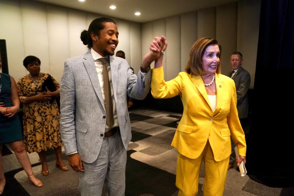 Tennessee state Rep. Justin Jones, D-Nashville, and U.S. Rep. Nancy Pelosi, the former House speaker, at the Leaders of Tomorrow summit in Washington, D.C., on July 27, 2023.