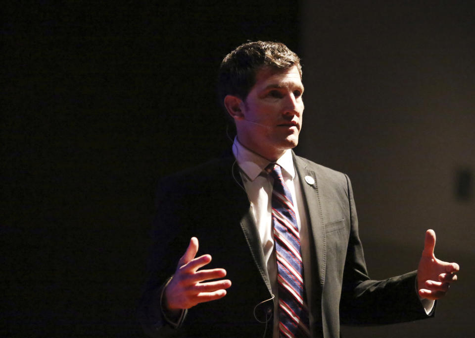 Congressman Scott Taylor answers a question during a town hall meeting in Yorktown, Va., Tuesday, Feb. 21, 2017. (Steve Earley/The Virginian-Pilot via AP)