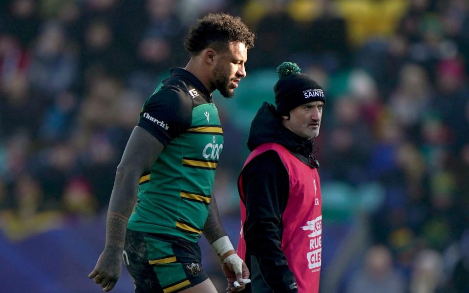 Northampton Saints' Courtney Lawes leaves the field with an injury during the Heineken Champions Cup match at cinch Stadium at Franklin's Gardens, Northampton - Joe Giddens/PA