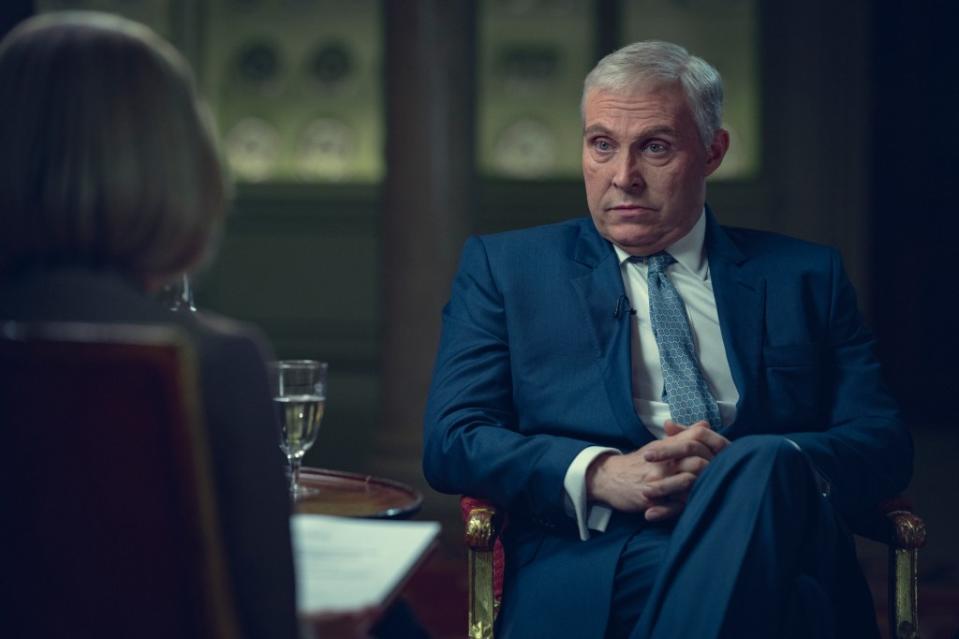 Rufus Sewell plays Prince Andrew as he’s grilled on BBC’s “Newsnight” about his friendship with Jeffrey Epstein. PETER MOUNTAIN/NETFLIX