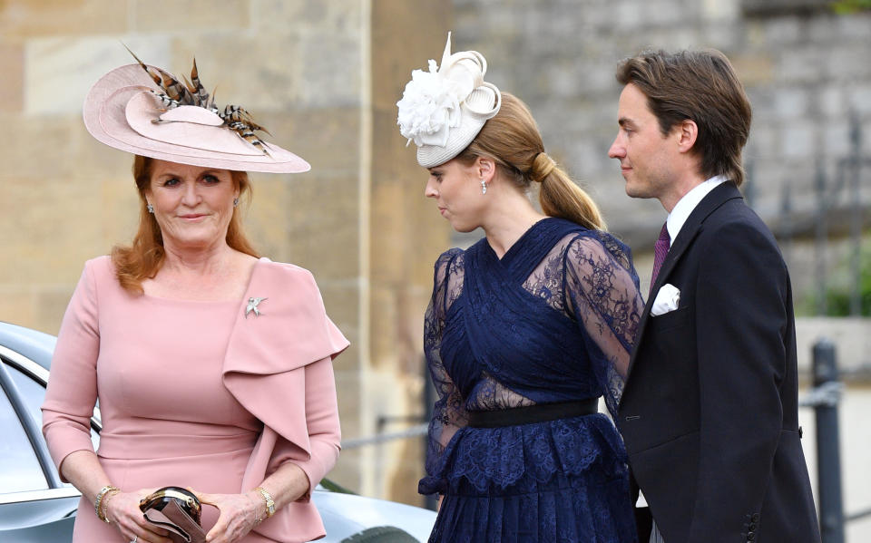 WINDSOR, UNITED KINGDOM - MAY 18: (EMBARGOED FOR PUBLICATION IN UK NEWSPAPERS UNTIL 24 HOURS AFTER CREATE DATE AND TIME) Sarah Ferguson, Duchess of York, Princess Beatrice and Edoardo Mapelli Mozzi attend the wedding of Lady Gabriella Windsor and Thomas Kingston at St George's Chapel on May 18, 2019 in Windsor, England. (Photo by Pool/Max Mumby/Getty Images)