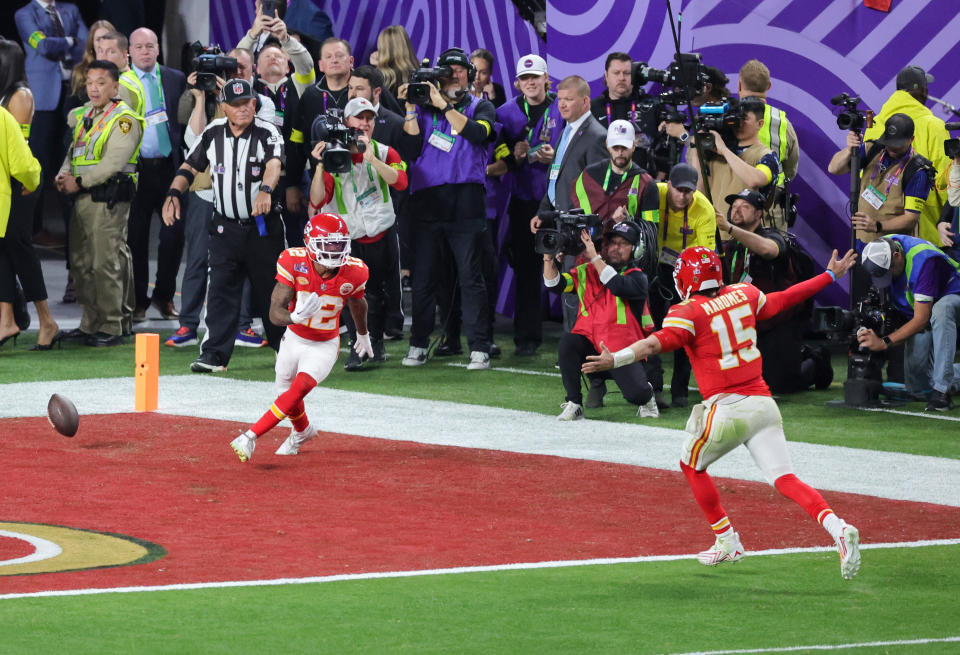 Patrick Mahomes and Mecole Hardman celebrate after connecting for the Super Bowl-winning score. (Ethan Miller/Getty Images)