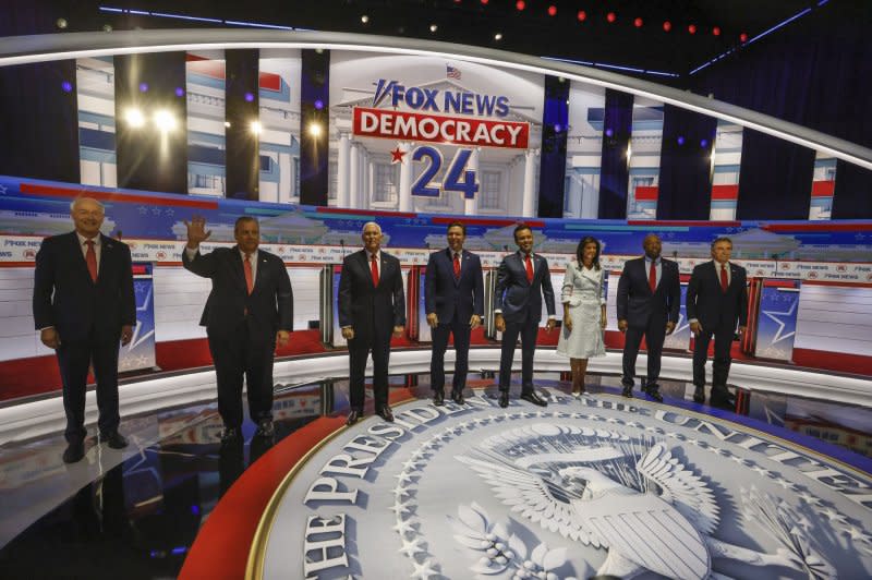 Candidates, From Left, Republican presidential candidate Asa Hutchinson, Republican presidential candidate Chris Christie, former Vice President and Republican presidential candidate Mike Pence, Florida Governor and Republican presidential candidate Ron DeSantis, Republican presidential candidate Vivek Ramaswamy, Republican presidential candidate Nikki Haley, Republican presidential candidate Tim Scott, and Republican presidential candidate Doug Burgum take the stage at the first Republican presidential candidate debate of the 2024 presidential race at Fiserv Forum in Milwaukee, Wisconsin, on Wednesday. Photo by Tannen Maury/UPI