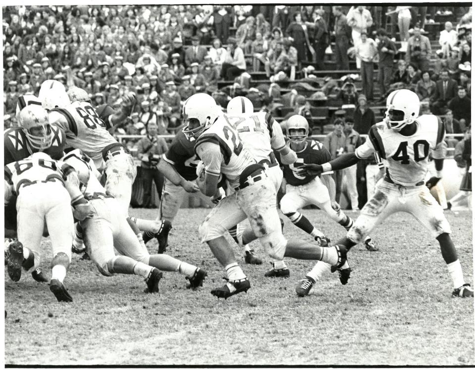 Wichita Falls quarterback Lawrence Williams (40) hands off to running back Joey Aboussie during the 1969 Class 4A state championship game in Waco. It remains the last of six state titles won by the Coyotes.