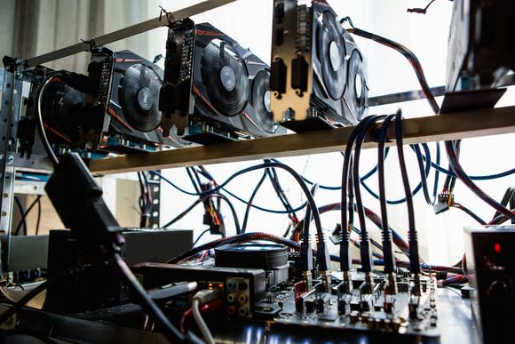 Hard drivers and servers being used to mine bitcoin.