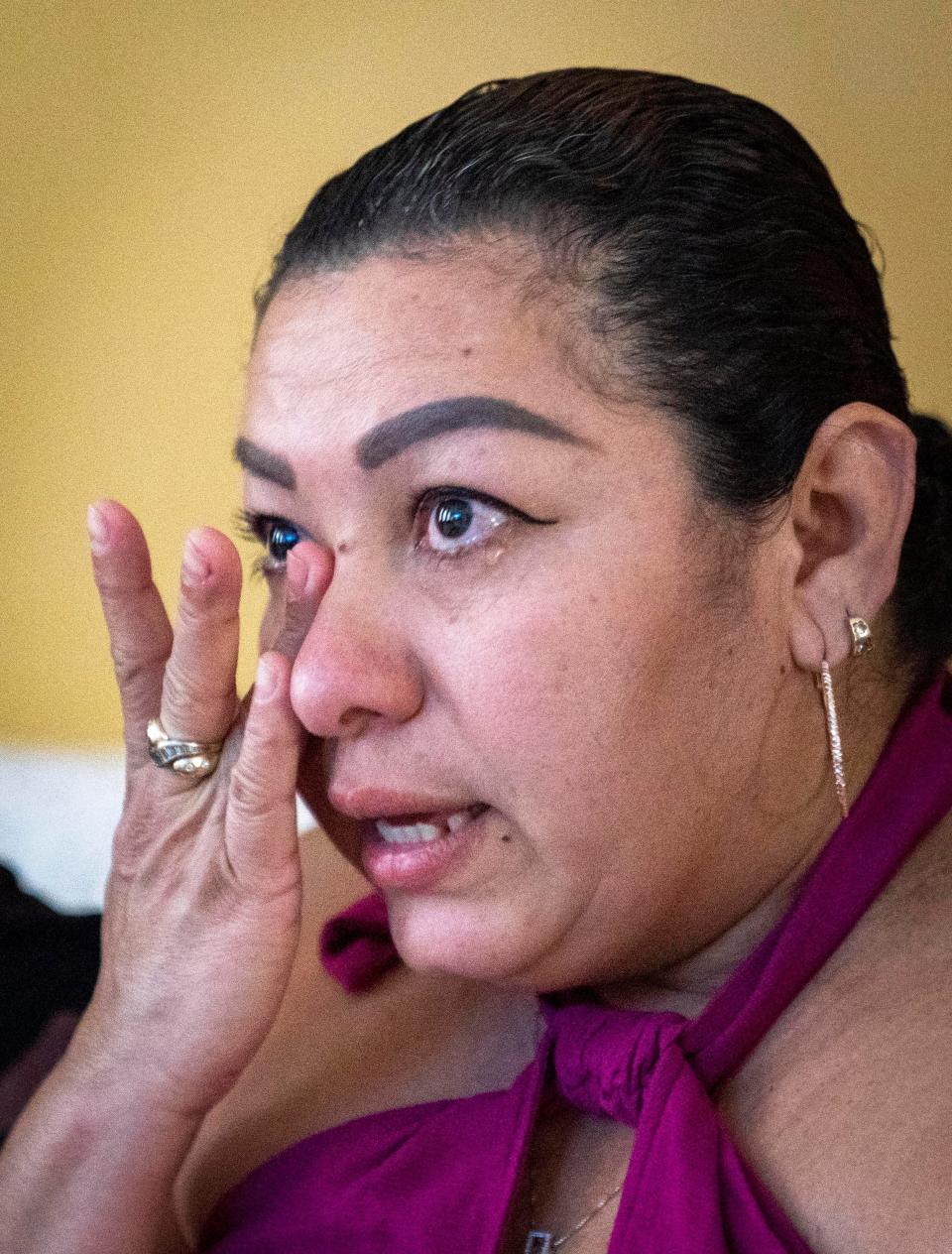 Karina Castaneda Medina wipes tears from her eyes while talking about her daughter Amy Galeano, 4, who has a cancer of the blood and bone marrow. Castaneda Medina herself had mulltiple heart attacks last year.