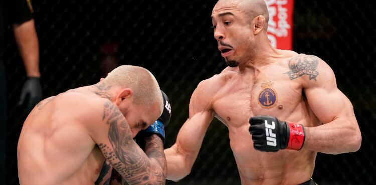 Jose Aldo lands body punch on Marlon Vera at UFC Vegas 17