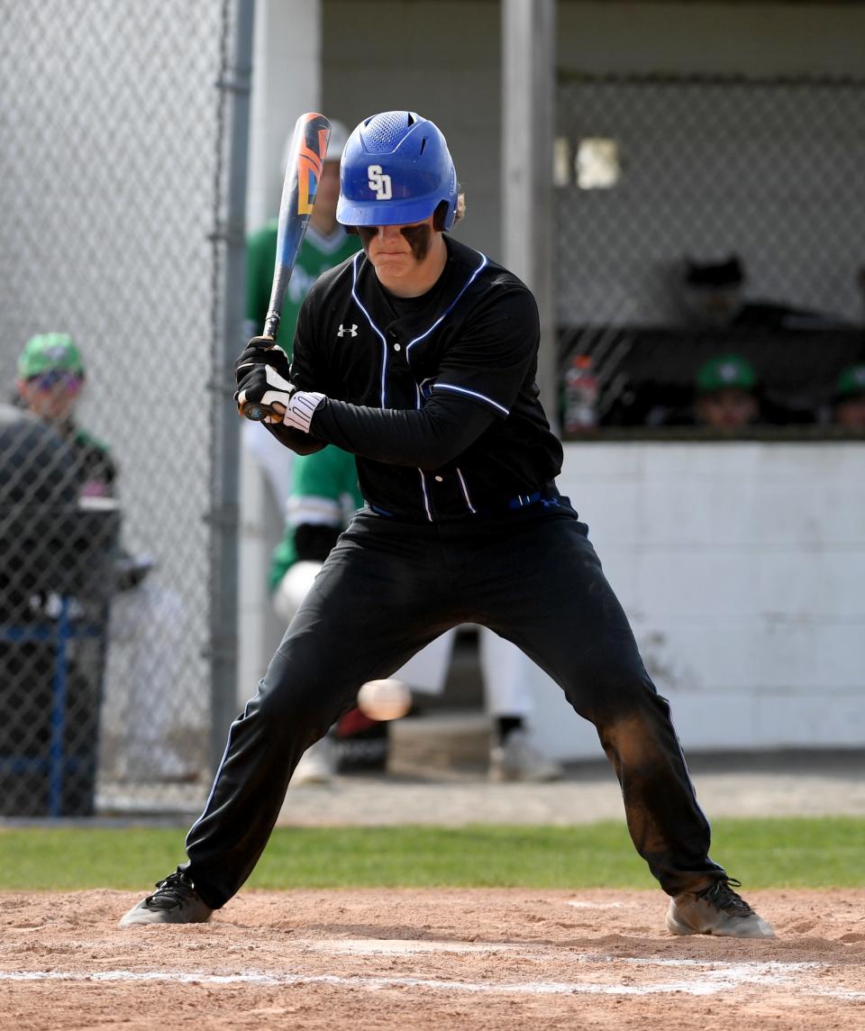 Decatur's Ryder Swanson (5) takes a pitch against Parkside Thursday, April 25, 2024, in Berlin, Maryland. Decatur defeated Parkside 1-0 after 12 innings.