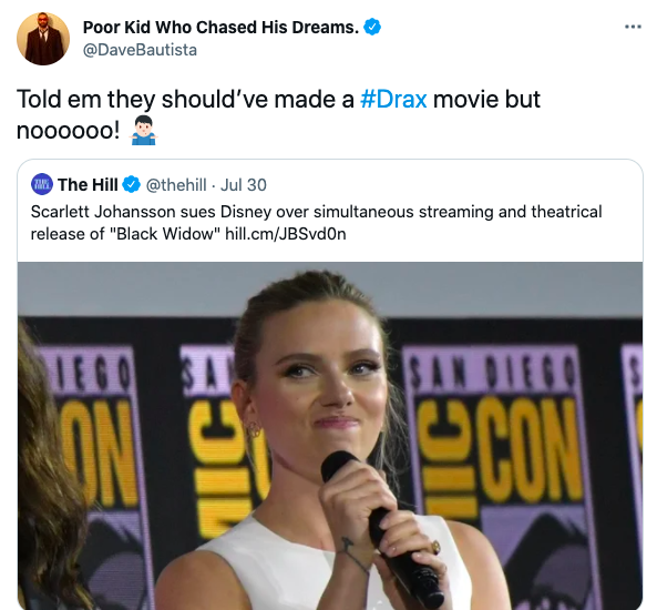 Dave Bautista divides fans over response to Scarlett Johanssonâs Disney lawsuit (Twitter @DaveBautista)