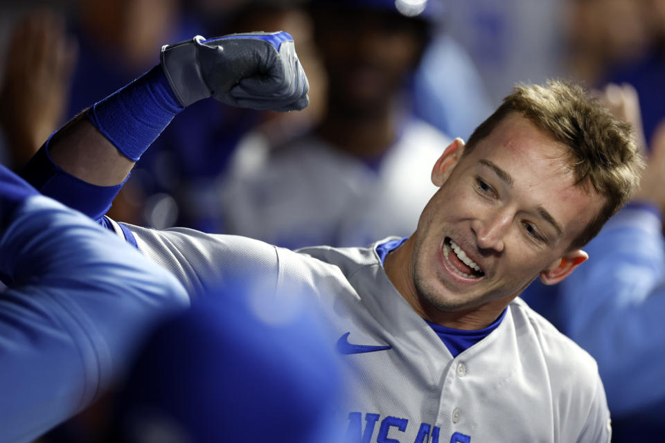 Kansas City Royals' Drew Waters celebrates in the dugout after hitting a three-run home run off Cleveland Guardians relief pitcher Kirk McCarty during the 10th inning of a baseball game, Monday, Oct. 3, 2022, in Cleveland. (AP Photo/Ron Schwane)