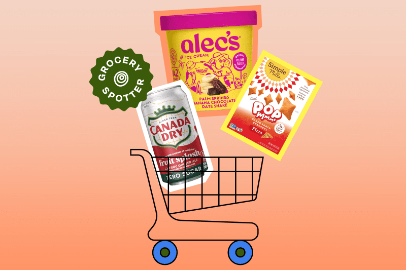 Graphic collage of three new grocery products piling up into a grocery cart