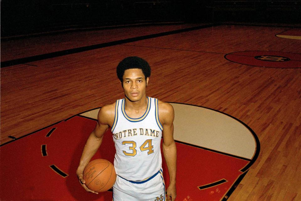 FILE - This is a January 1970 file photo showing Notre Dame college basketball player Austin Carr. Carr played for Notre Dame in an era when prolific scorers dominated college basketball. LSU's Pete Maravich, still No. 1 on the all-time points list, was scoring 40 a night. Niagara's Calvin Murphy, Purdue's Rick Mount and St. Bonaventure's Bob Lanier, along with Carr, were others putting up eye-popping numbers. It wasn't until Carr scored a still-standing NCAA Tournament-record 61 points against Ohio in the first round in 1970 that, in his mind, he started to separate himself. (AP Photo/File)