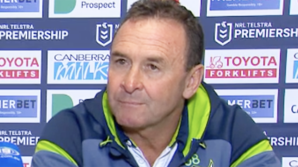 Canberra Raiders coach Ricky Stuart was furious after being asked about his thoughts on the Penrith crowd after their 36-6 loss. Picture: Fox League