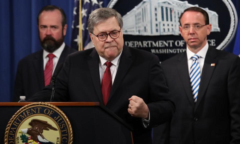 William Barr speaks at a press conference on the release of Robert Mueller’s report at the Department of Justice in Washington DC, on 18 April.