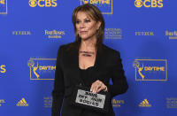 Nancy Lee Grahn arrives with the words "Reproductive Freedom" on her body and carries a purse with the words "Bans Off Our Bodies" at the 49th annual Daytime Emmy Awards on Friday, June 24, 2022, in Pasadena, Calif. (Photo by Jordan Strauss/Invision/AP)