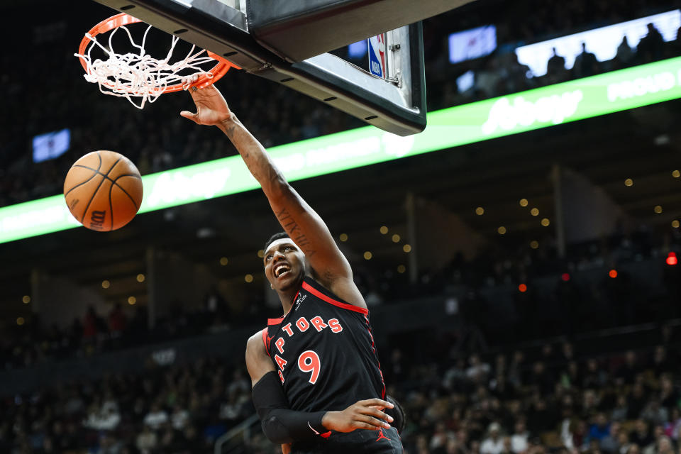 Toronto Raptors guard RJ Barrett dunks during second-half NBA basketball game action against the Chicago Bulls in Toronto, Thursday, Jan. 18, 2024. (Christopher Katsarov/The Canadian Press via AP)