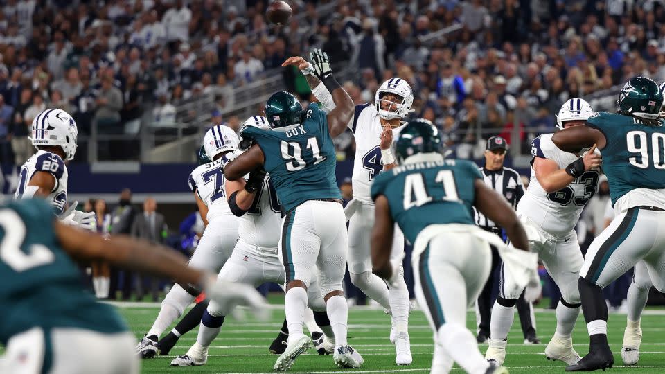 Prescott throws a pass during the first quarter against the Eagles. - Richard Rodriguez/Getty Images