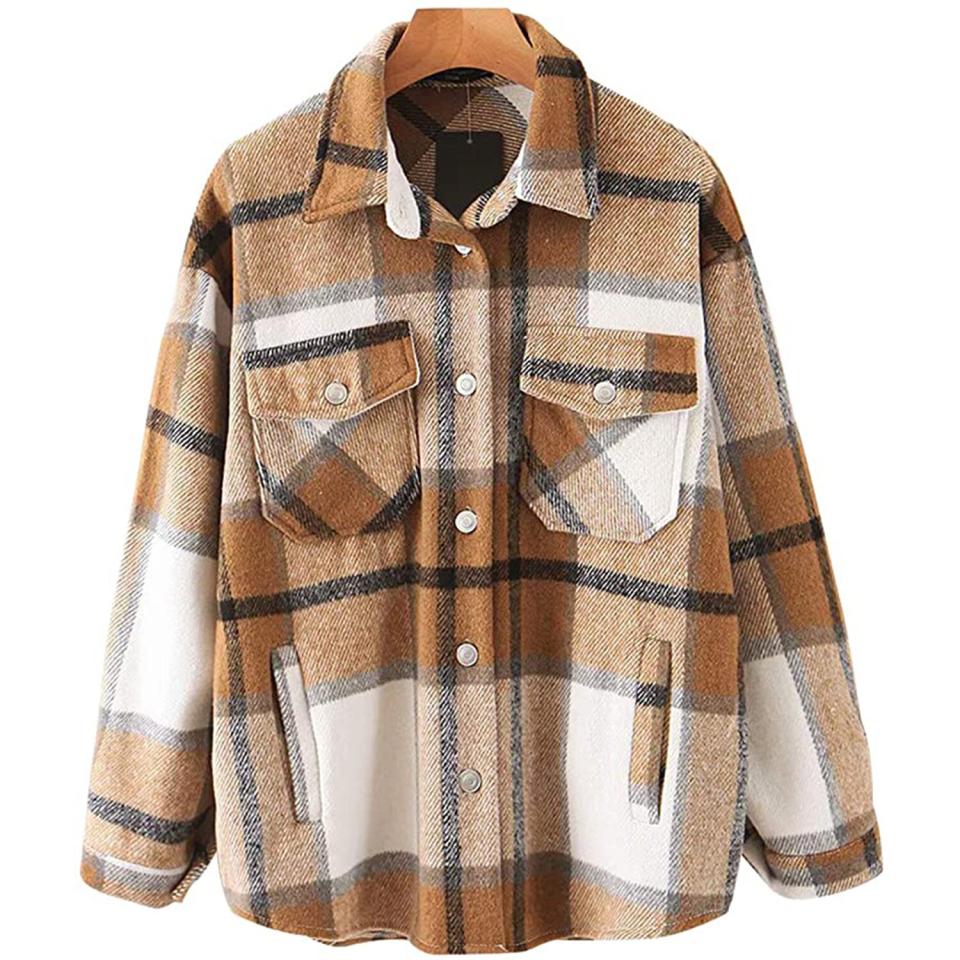 UANEO Womens Casual Plaid Wool Blend Button Down Long Sleeve Shirt Jacket Shackets