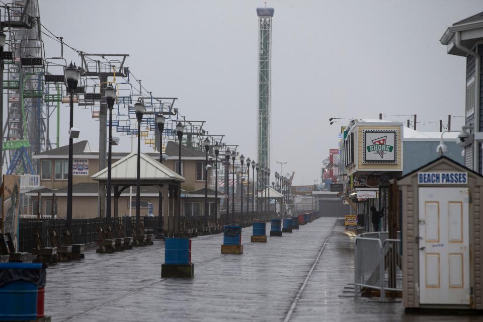 Rain falls throughout the Jersey Shore area with a risk of flooding for the region. The boardwalk on the north end of Seaside Heights is empty with rain coming down.  
Seaside Heights, NJ
Saturday, March 23, 2024