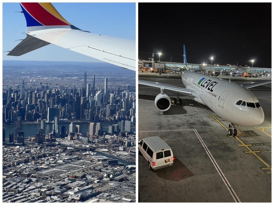 Left, Manhattan skyline. Right, a plane.