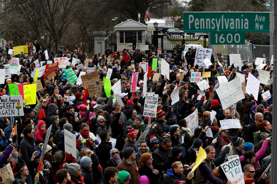 Activists gather outside the White House to protest President Donald Trump's executive actions on immigration in Washington January 29, 2017.&nbsp;