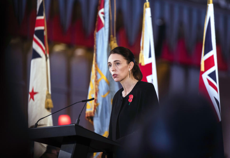 New Zealand's Prime Minister Jacinda Ardern speaks during a national memorial service for Prince Philip at the Cathedral of St. Paul in Wellington, New Zealand. Prince Philip was remembered as frank, engaging and willing to meet people from all walks of life during his 14 visits to the country. (Robert Kitchin/Pool via AP)