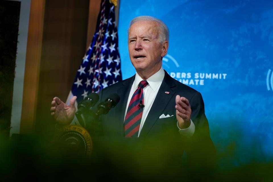 President Joe Biden speaks to the virtual Leaders Summit on Climate, from the East Room of the White House, Thursday, April 22, 2021, in Washington. (AP)