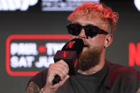 Jake Paul speaks during a news conference held to promote his upcoming boxing bout against Mike Tyson, Thursday, May 16, 2024, in Arlington, Texas. The fight is scheduled for July 20. (AP Photo/Sam Hodde)