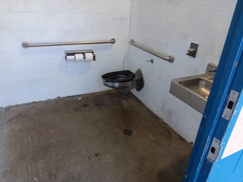 The bathroom at Modesto’s Roosevelt Park is pictured Wednesday, Nov. 29, 2023. The bathroom was relatively clean and everything worked, including the hand dryer.