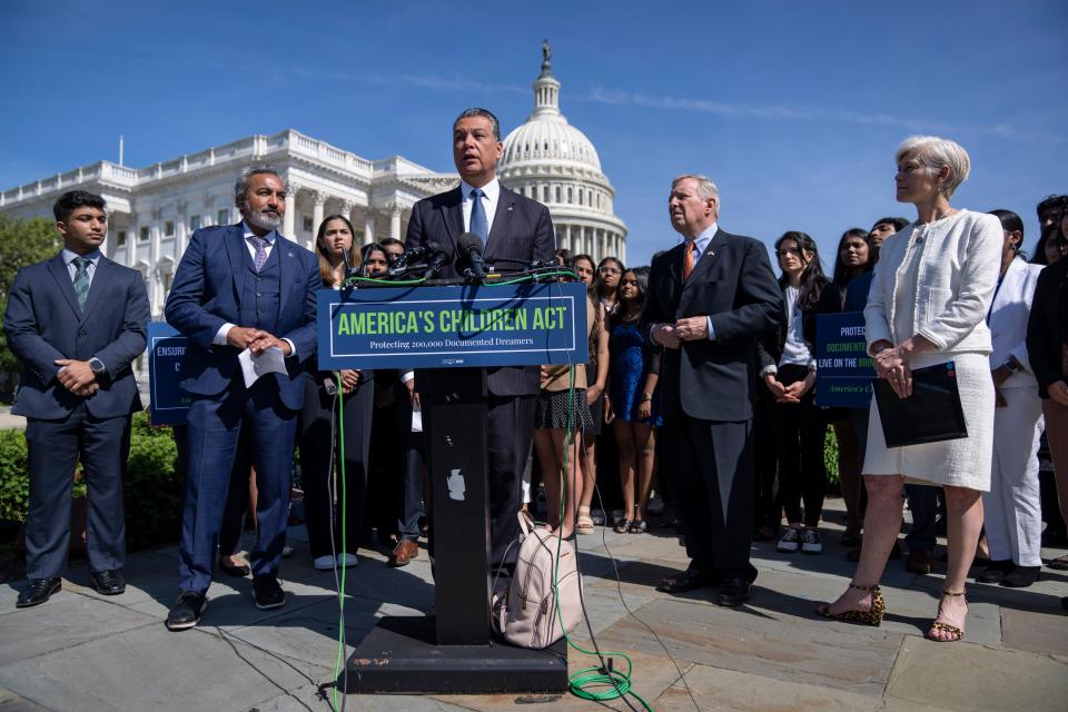 Sen. Alex Padilla, D-Calif., speaks during a news conference calling for bipartisan legislation to protect documented Dreamers, outside the U.S. Capitol May 18, 2022 in Washington, DC.