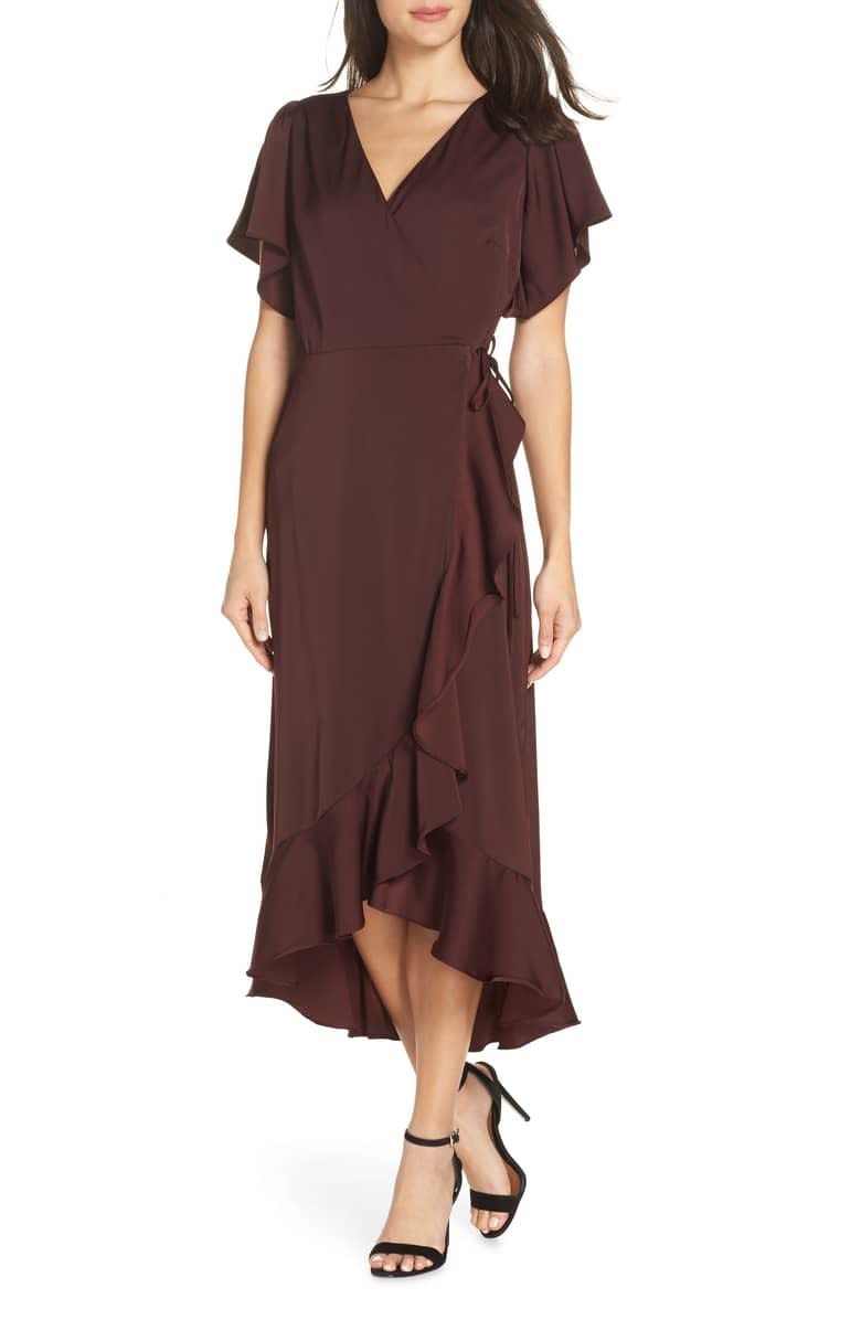 <strong>Sizes</strong>: XS to XXL<br /><a href="https://shop.nordstrom.com/s/chelsea28-midi-ruffle-wrap-dress/4965976?origin=category-personalizedsort&amp;breadcrumb=Home%2FWomen%2FClothing%2FDresses%2FWedding%20Guest&amp;color=burgundy%20stem" target="_blank" rel="noopener noreferrer">Get it at Nordstrom</a>, $129.&nbsp;