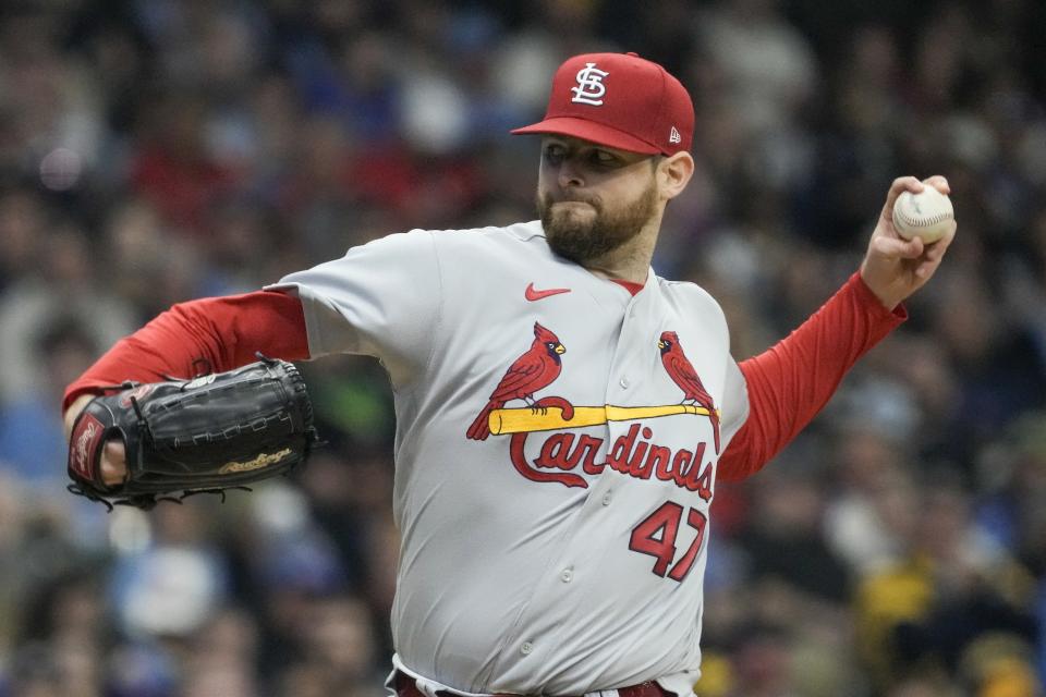 St. Louis Cardinals starting pitcher Jordan Montgomery throws during the first inning of a baseball game against the Milwaukee Brewers Saturday, April 8, 2023, in Milwaukee. (AP Photo/Morry Gash)