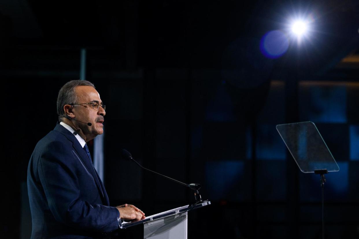 <span>Amin Nasser, Saudi Aramco president and chief executive, speaks in Houston, Texas on 18 March 2024.</span><span>Photograph: Mark Felix/AFP/Getty Images</span>