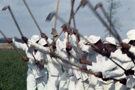 This 1966 photo shows hoe squad at work at the Ellis unit of the Texas Department of Corrections in Huntsville, Texas. Prisoners have been made to work since before emancipation, when slaves were at times imprisoned and then leased out by local authorities. (Bruce Jackson via AP)